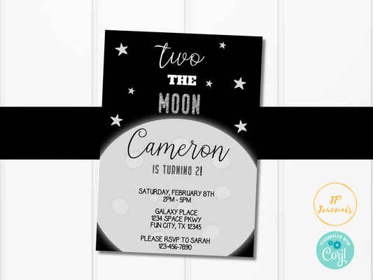 Editable Two the Moon 2nd Birthday Party Invitation Template for Boys and Girls