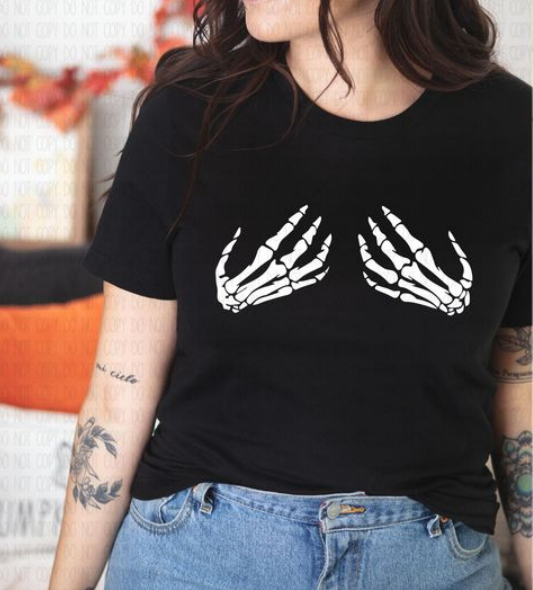 Skeleton Hand Boobs Screen Print T-Shirt