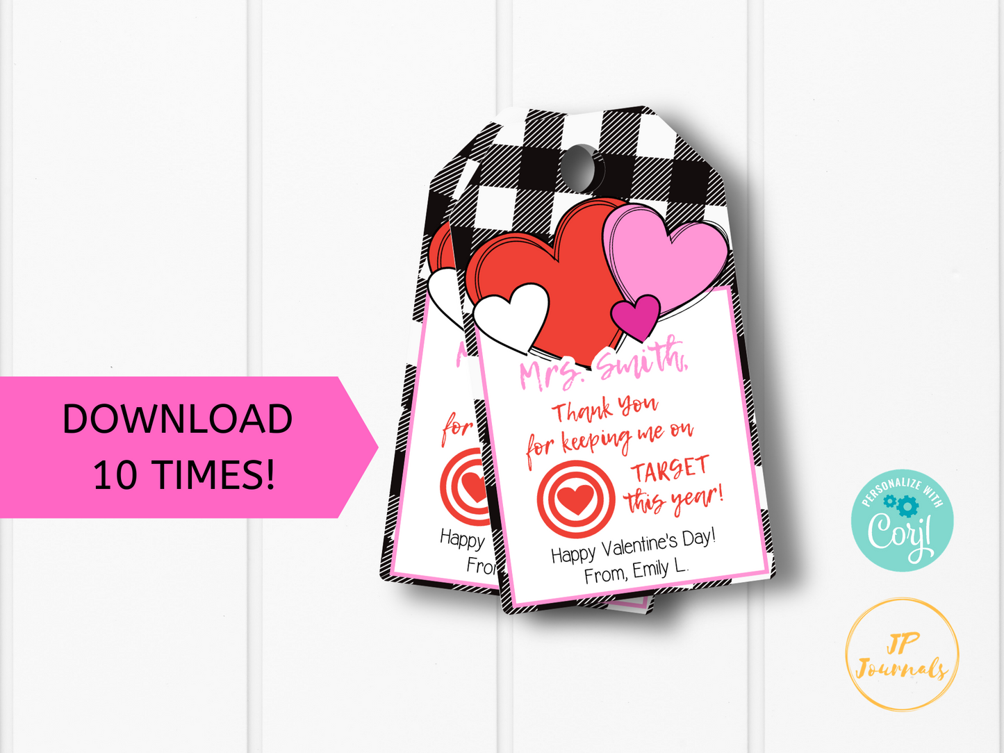 Printable Teacher Valentine's Day Gift Card Tag Label - Keeping Me On Target - Buffalo Plaid and Hearts - Edit Online Print at Home