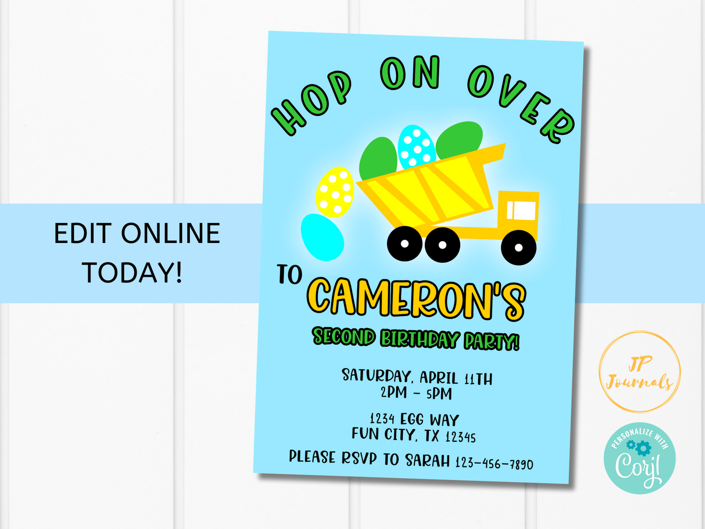 Easter Birthday Party Invitation for Boys - Easter Egg Dump Truck - Printable Easter Boy Birthday Invite - Hop On Over