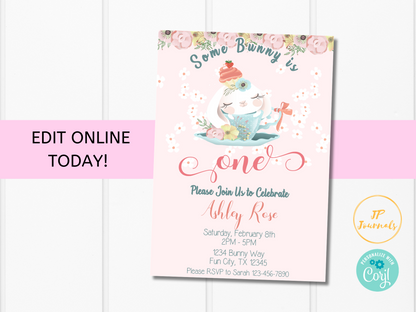 Easter First Birthday Party Invitation - Printable Bunny Rabbit Invite for Girl Turning One - Some Bunny is One - 1st Birthday Girl - Spring