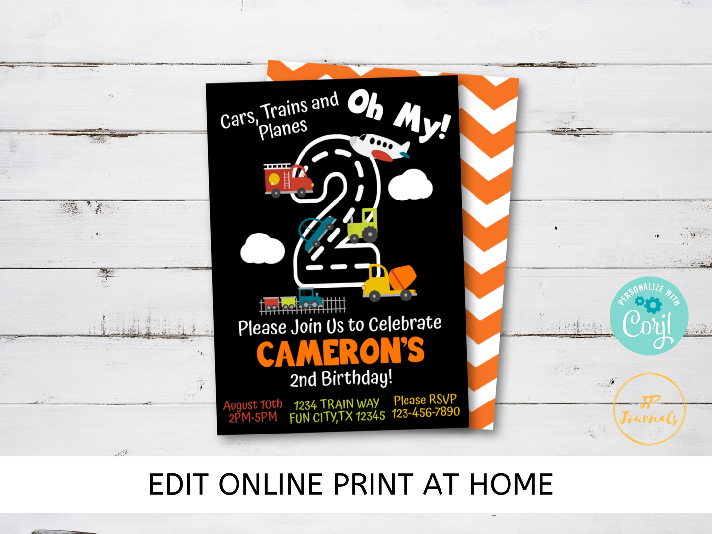 Cars Trains Planes Oh My 2nd Birthday Party Invitation for Boys - DIY Edit Printable Invite - Download and Print! Second Birthday Party