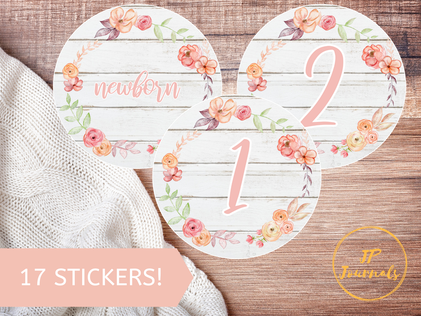 Baby Milestone Stickers, Rustic Floral Month Stickers for Baby Girl, Monthly Photo Stickers, Pretty Blush Pink Wood Design, Milestone Photo