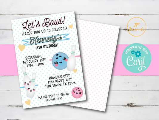 Kawaii Bowling Birthday Party Invitation Template, Bowling Party Invite for Girls, Digital Editable Template for Bowling Party