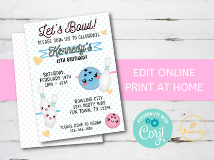 Kawaii Bowling Birthday Party Invitation Template, Bowling Party Invite for Girls, Digital Editable Template for Bowling Party