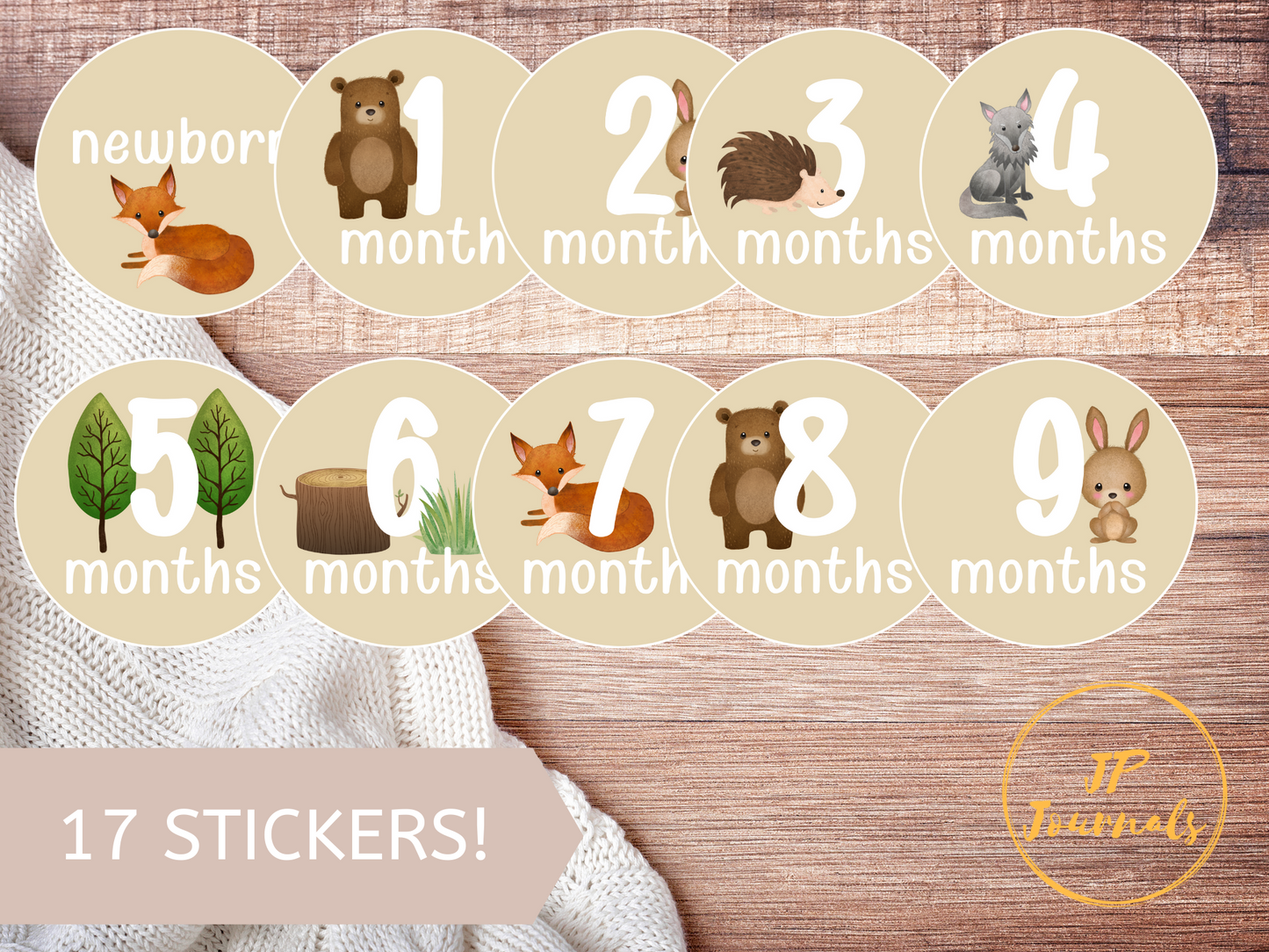 Baby Milestone Stickers, Woodland Animals Month Stickers for Baby, Monthly Photo Stickers, Milestone Photo Prop, Woodland Fox Rabbit Bear