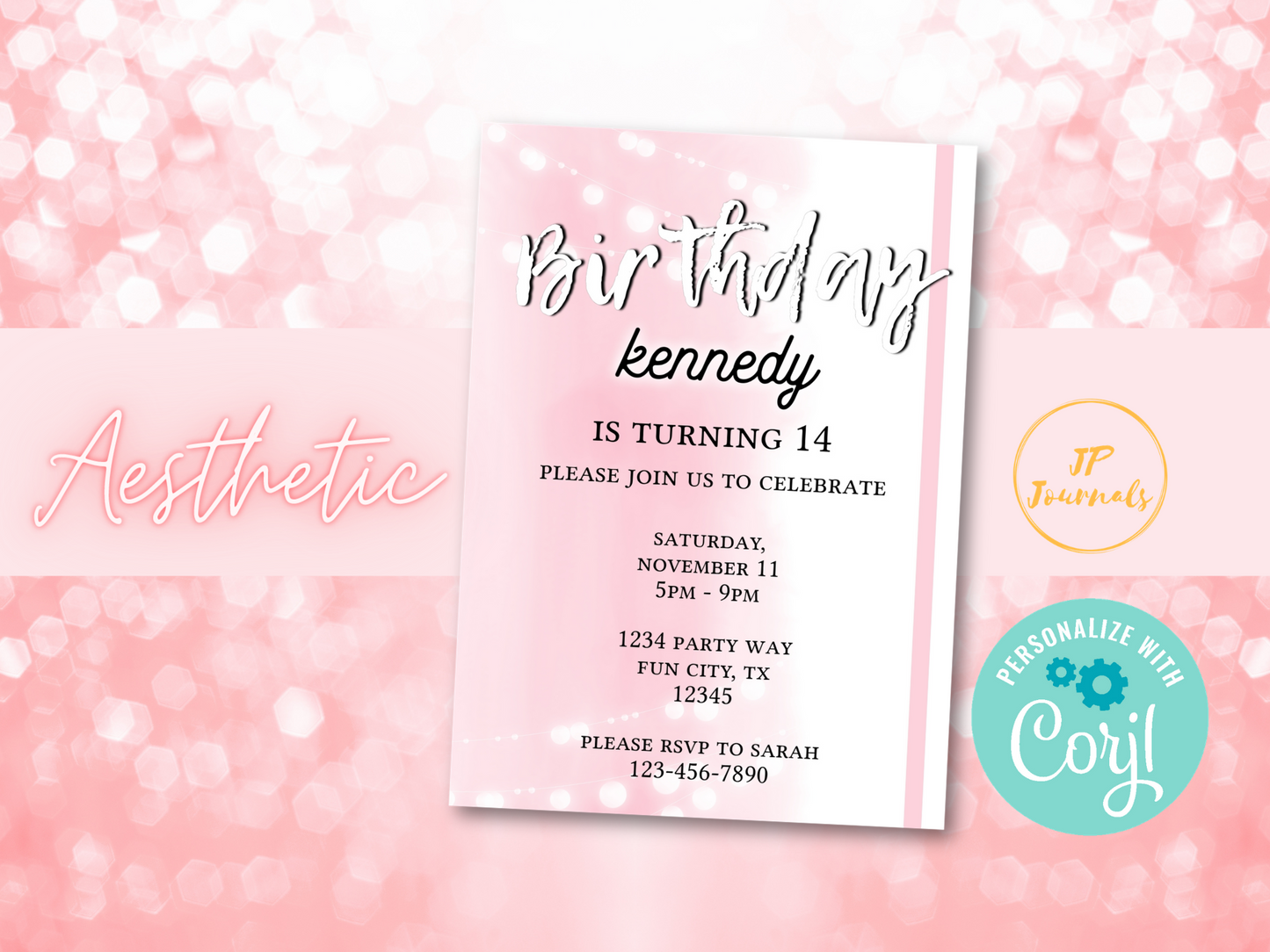 Pink Aesthetic Birthday Party Invitation for Girls, DIY Edit and Print