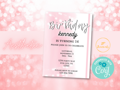 Pink Aesthetic Birthday Party Invitation for Girls, DIY Edit and Print ...