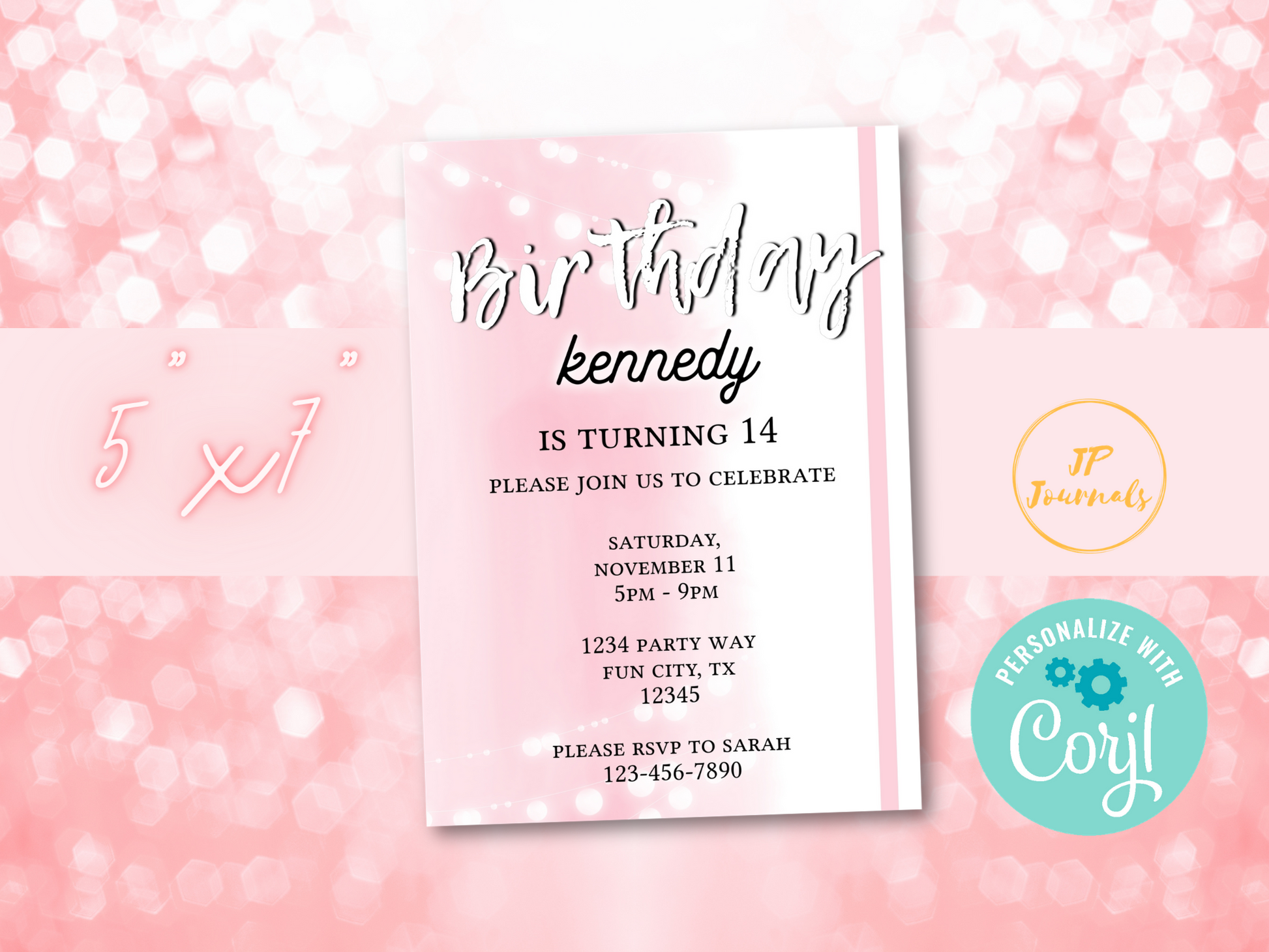 Pink Aesthetic Birthday Party Invitation for Girls, DIY Edit and Print