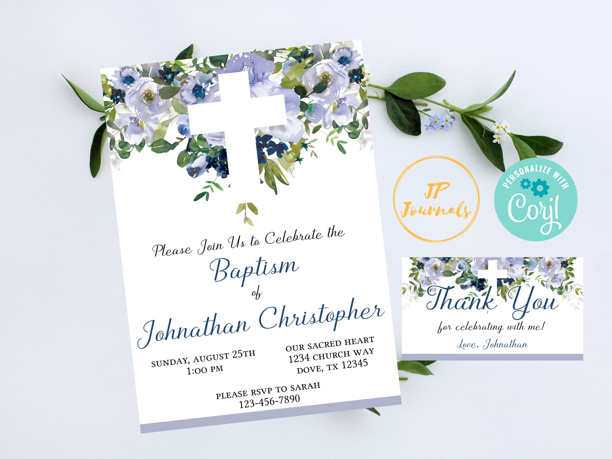 Baby Boy Baptism Invitation - Blue and White Watercolor Flowers