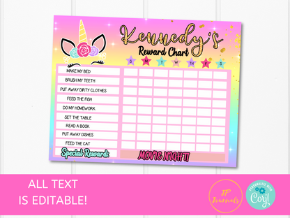 Printable Unicorn Reward Chart Editable Template - Chore Chart - Behavior Chart - Flower Pink Gold Rainbow Unicorn for Girls
