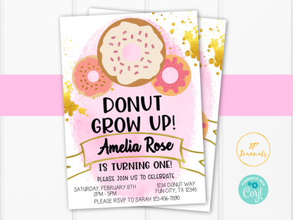 Editable Donut Birthday Party Invitation Template - Pink and Gold for Girls