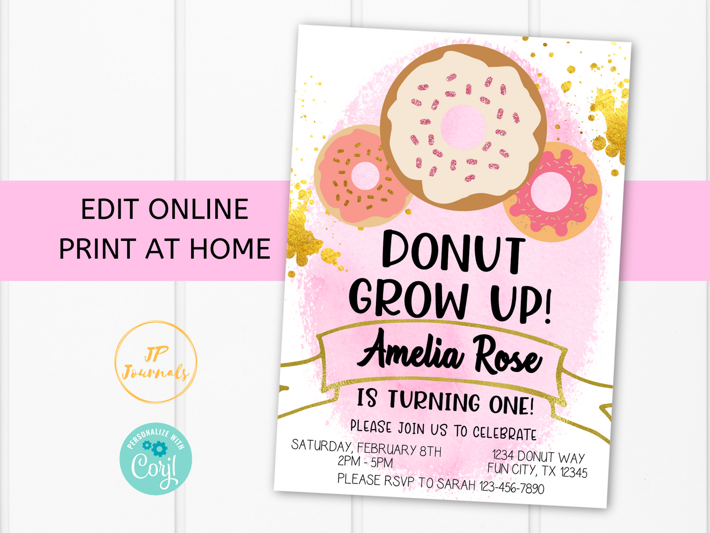 Editable Donut Birthday Party Invitation Template - Pink and Gold for Girls