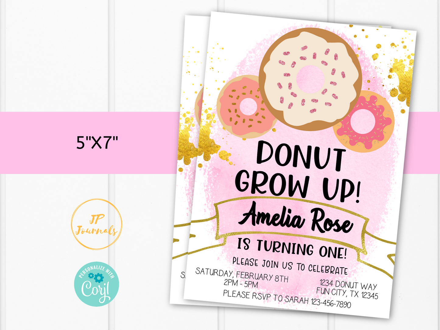 Editable Donut Birthday Party Invitation Template - Pink and Gold for Girls- Donut Grow Up - Edit & Print - Printable Invitation