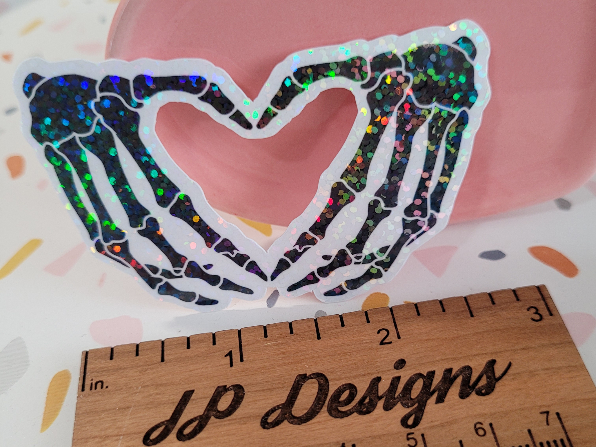 Holographic Skeleton Heart Hands Die Cut Sticker