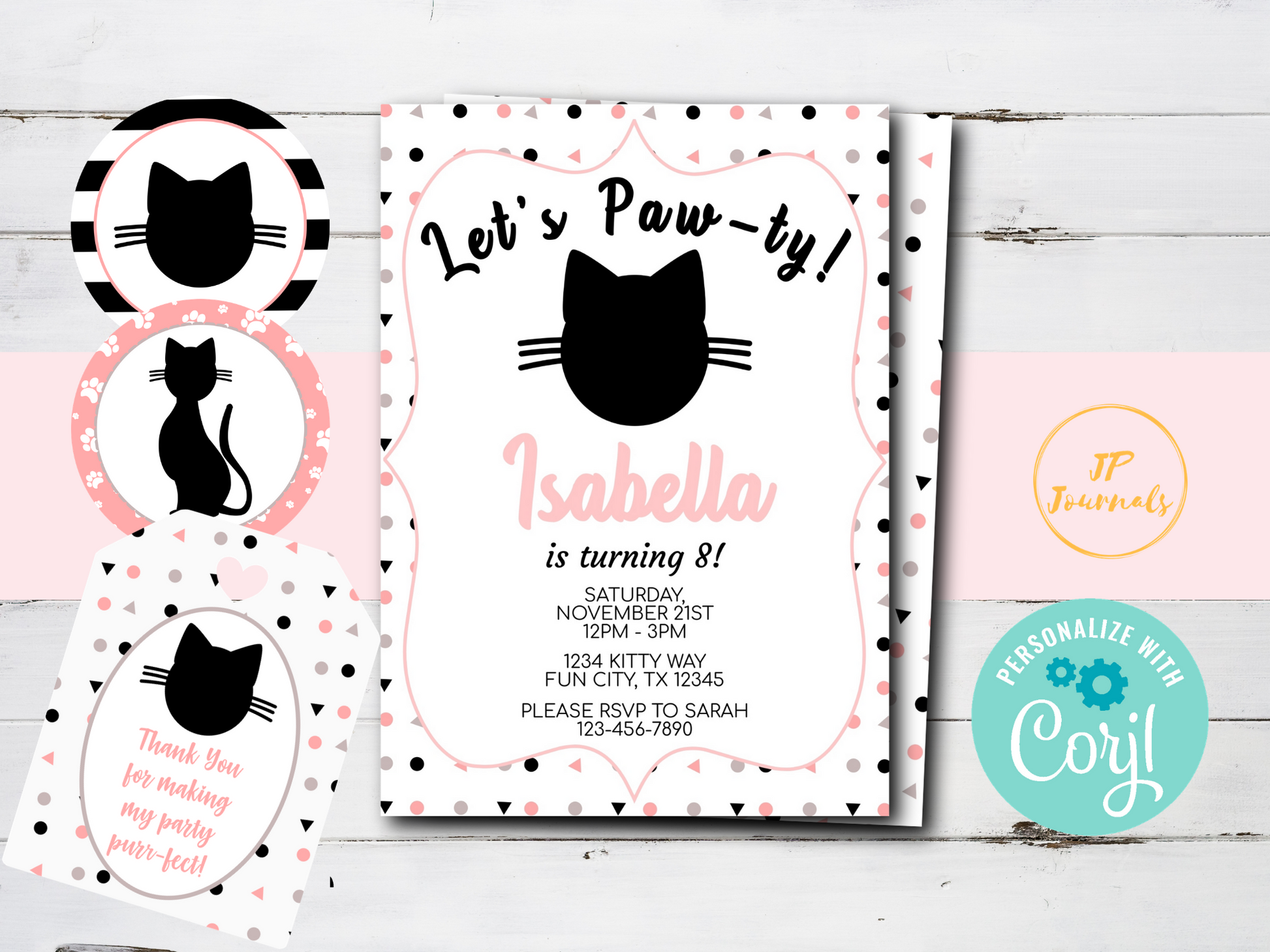 Kitty Cat Paw-ty Birthday Party Invitation Template, Kitten Party Birthday Party Invitation for Girls, Black White and Pink