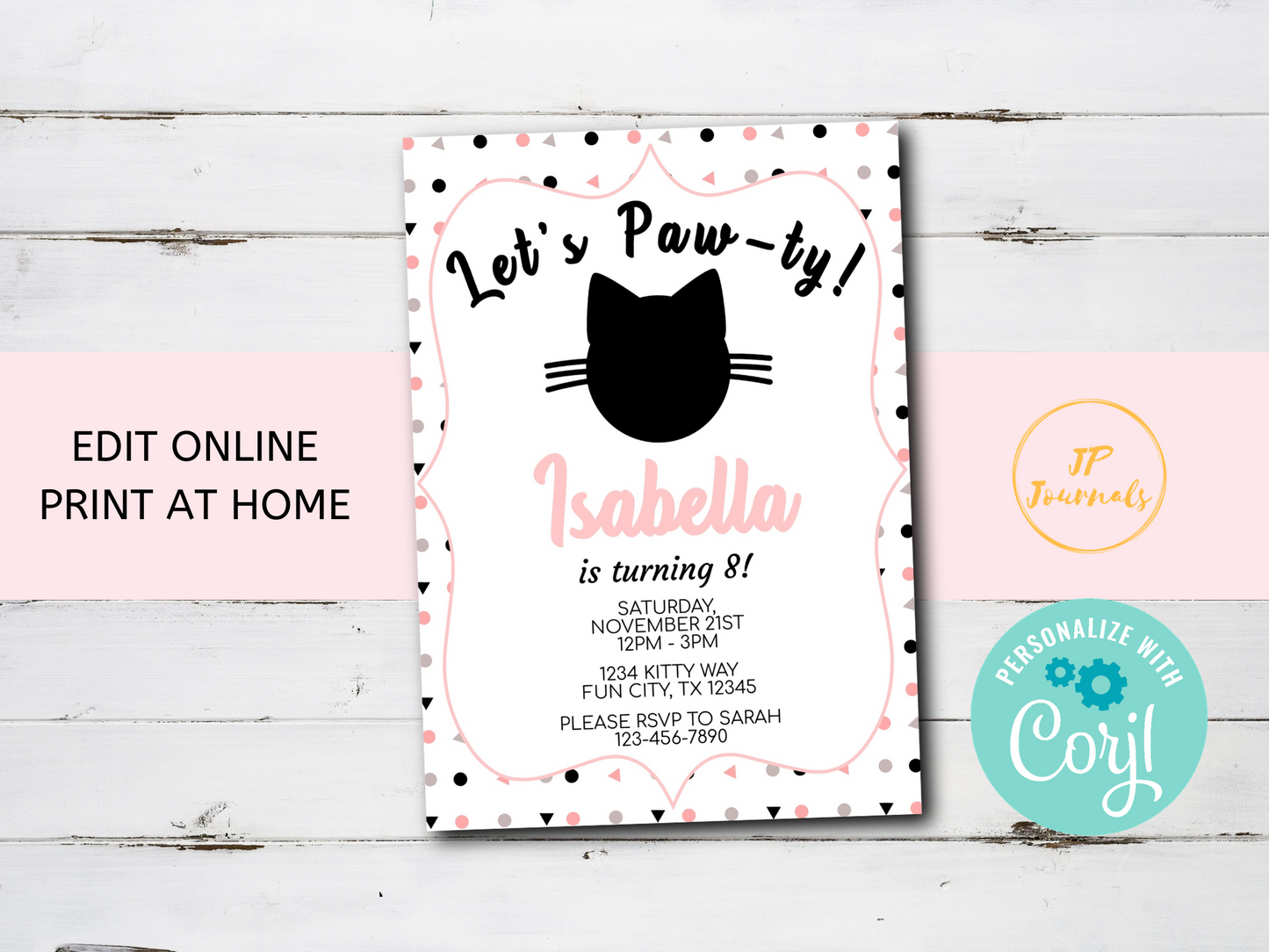 Kitty Cat Paw-ty Birthday Party Invitation Template, Kitten Party Birthday Party Invitation for Girls, Black White and Pink