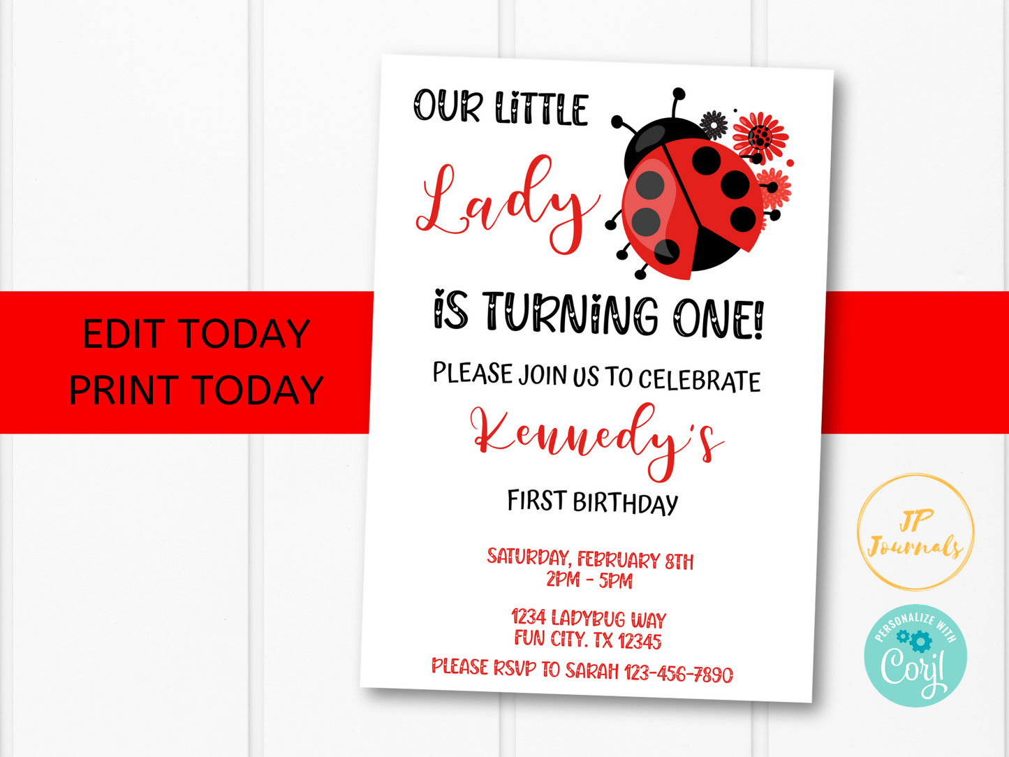 Ladybug Birthday Party Invitation Template -Little Lady Ladybug Birthday Invite for Girls - Edit & Print - Printable Invitation