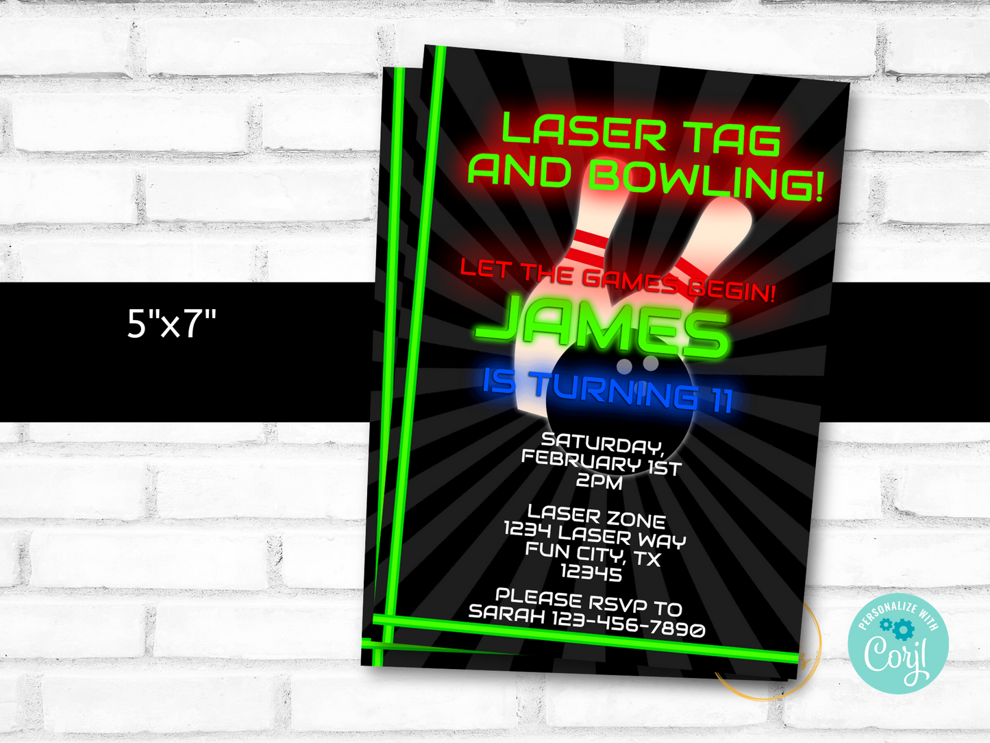 Laser Tag and Bowling Birthday Party Invitation Template - DIY Edit & Print - Printable Invitation - Laser Tag Bowling Party for Boys