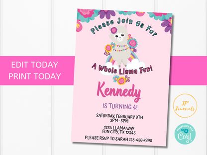 Llama Birthday Party Invitation Template - Whole Llama Fun - Fiesta Alpaca Serape - Pink Purple Flowers Floral Spring Cute Invite for Girls