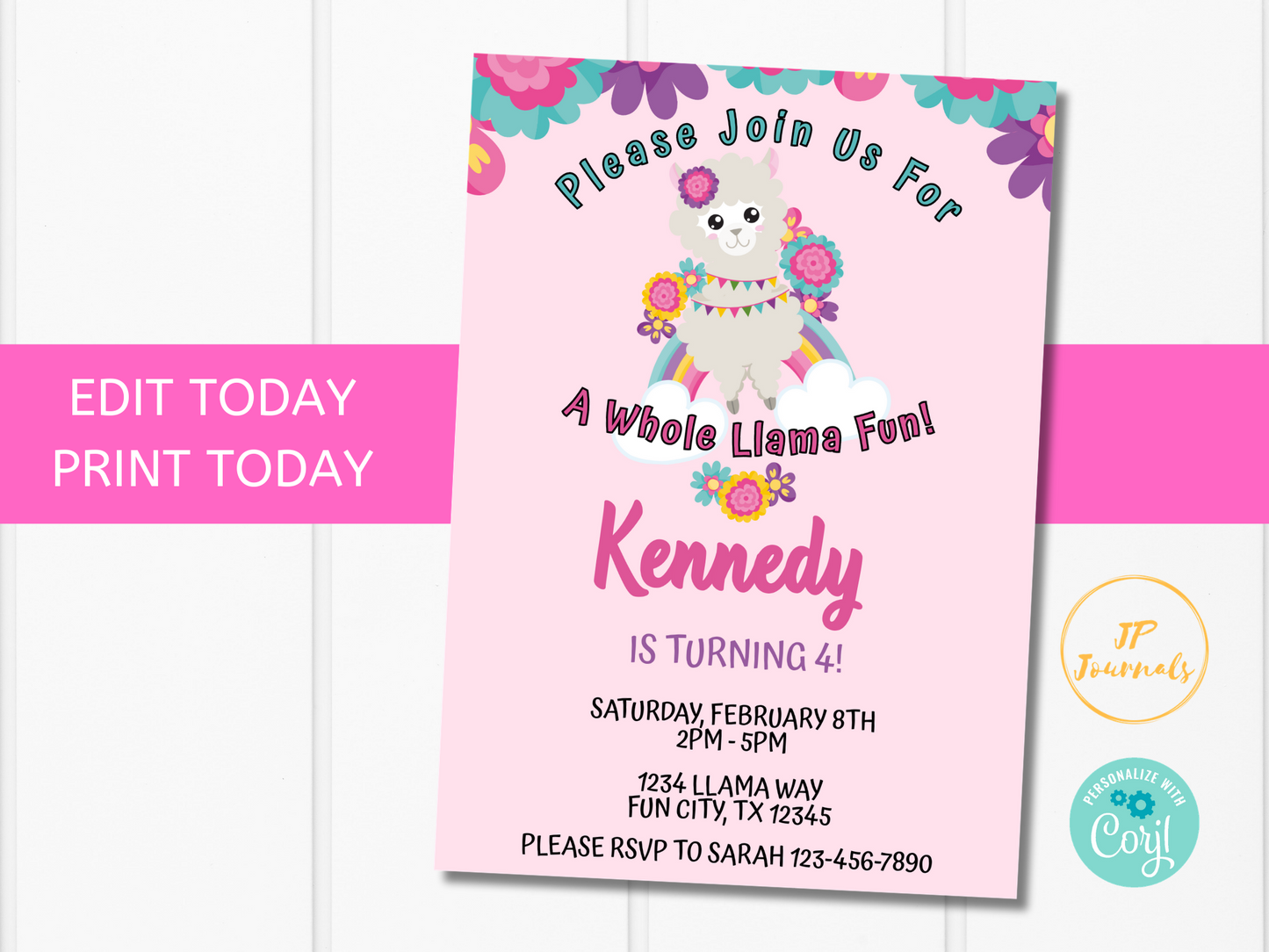 Llama Birthday Party Invitation Template - Whole Llama Fun - Fiesta Alpaca Serape - Pink Purple Flowers Floral Spring Cute Invite for Girls