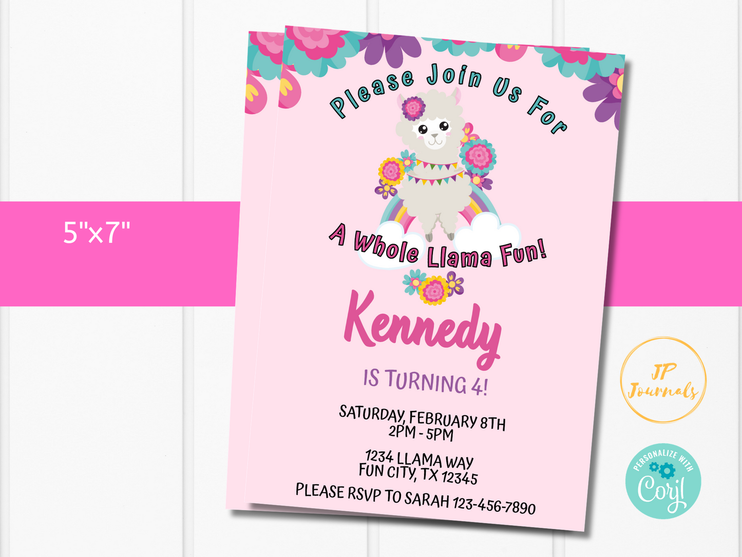 Llama Birthday Party Invitation Template - Whole Llama Fun - Fiesta Alpaca Serape - Pink Purple Flowers Floral Spring Cute Invite for Girls