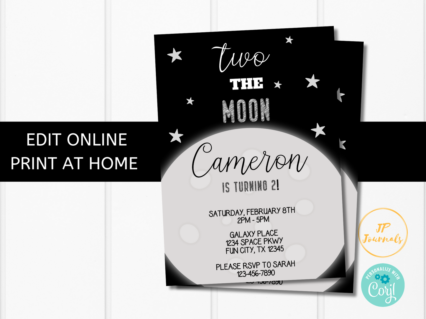 Editable Two the Moon 2nd Birthday Party Invitation Template for Boys and Girls - Edit Online Today - Print at Home - Space Birthday Party