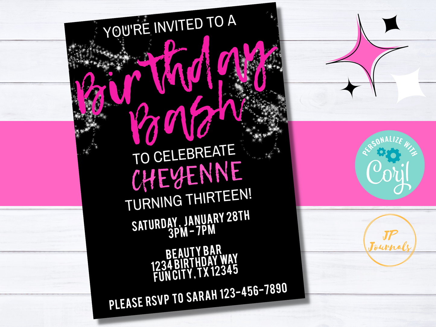Neon Pink Sparkle Invite, Birthday Party Invitation for Teen Girls