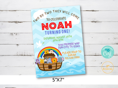 Noah's Ark 1st Birthday Party Invitation - DIY Edit Printable Invite - Download and Print! Noah First Birthday