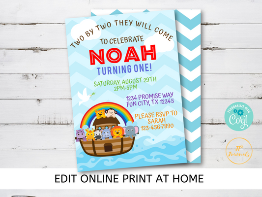 Noah's Ark 1st Birthday Party Invitation - DIY Edit Printable Invite - Download and Print! Noah First Birthday