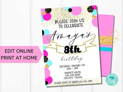 Printable Girl Birthday Party Invitation Template - Edit Online Print at Home - Pink Gold Teal Black