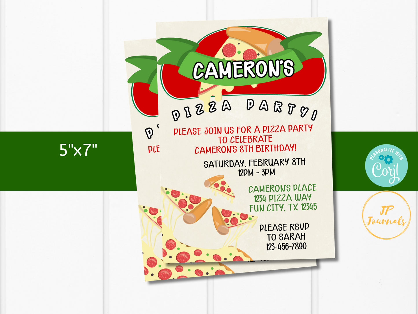 Editable Printable Pizza Party Invitation Template - Pizza Birthday Party Invite - Edit and Print - Pizza Parlor Green Red