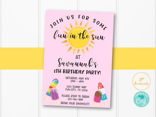 Fun in the Sun Summer Birthday Party Invitation for Girls