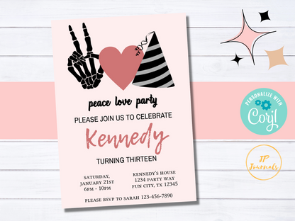 Retro Peace Sign Skeleton Hands Birthday Party Invitation Template