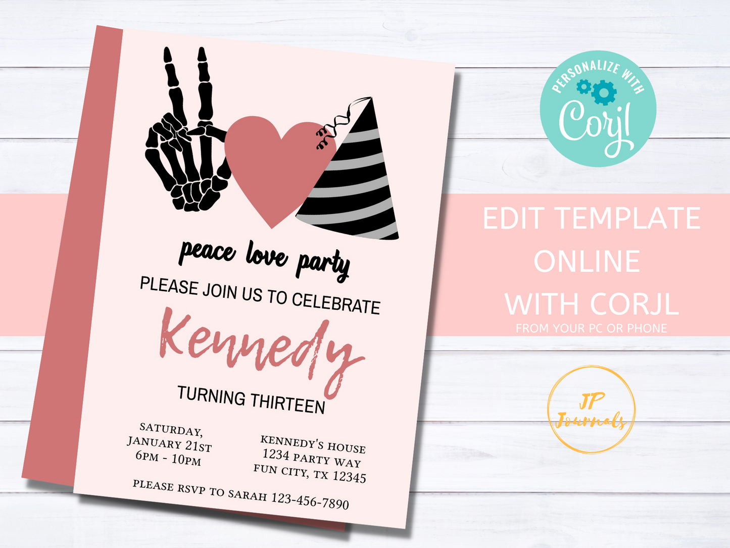 Retro Peace Sign Skeleton Hands Birthday Party Invitation Template