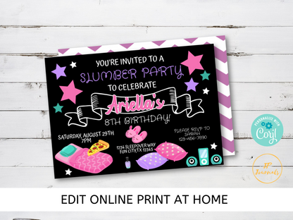 Slumber Party Birthday Party Invitation for Girls - DIY Edit Printable Invite - Download and Print! Sleepover Tween Birthday Party