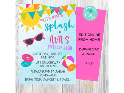 Let's Make a Splash Birthday Pool Party Invitation for Girls