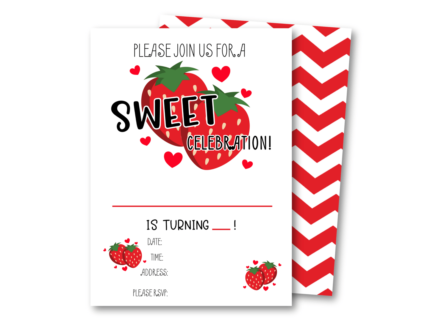 Printed Sweet Strawberry Birthday Party Invitations  - 15 Invites and Envelopes