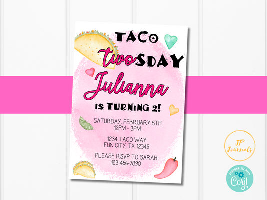 Taco Twosday Birthday Party Invitation Template for Girls 