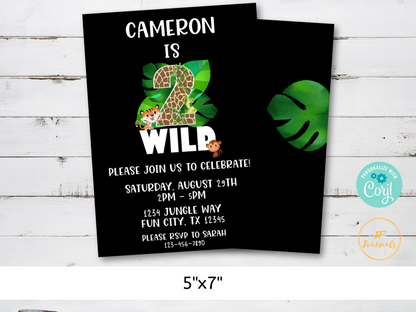 Two Wild 2nd Birthday Party Invitation - DIY Edit Printable Invite - Download and Print! 2 Wild Jungle Animal Safari Theme