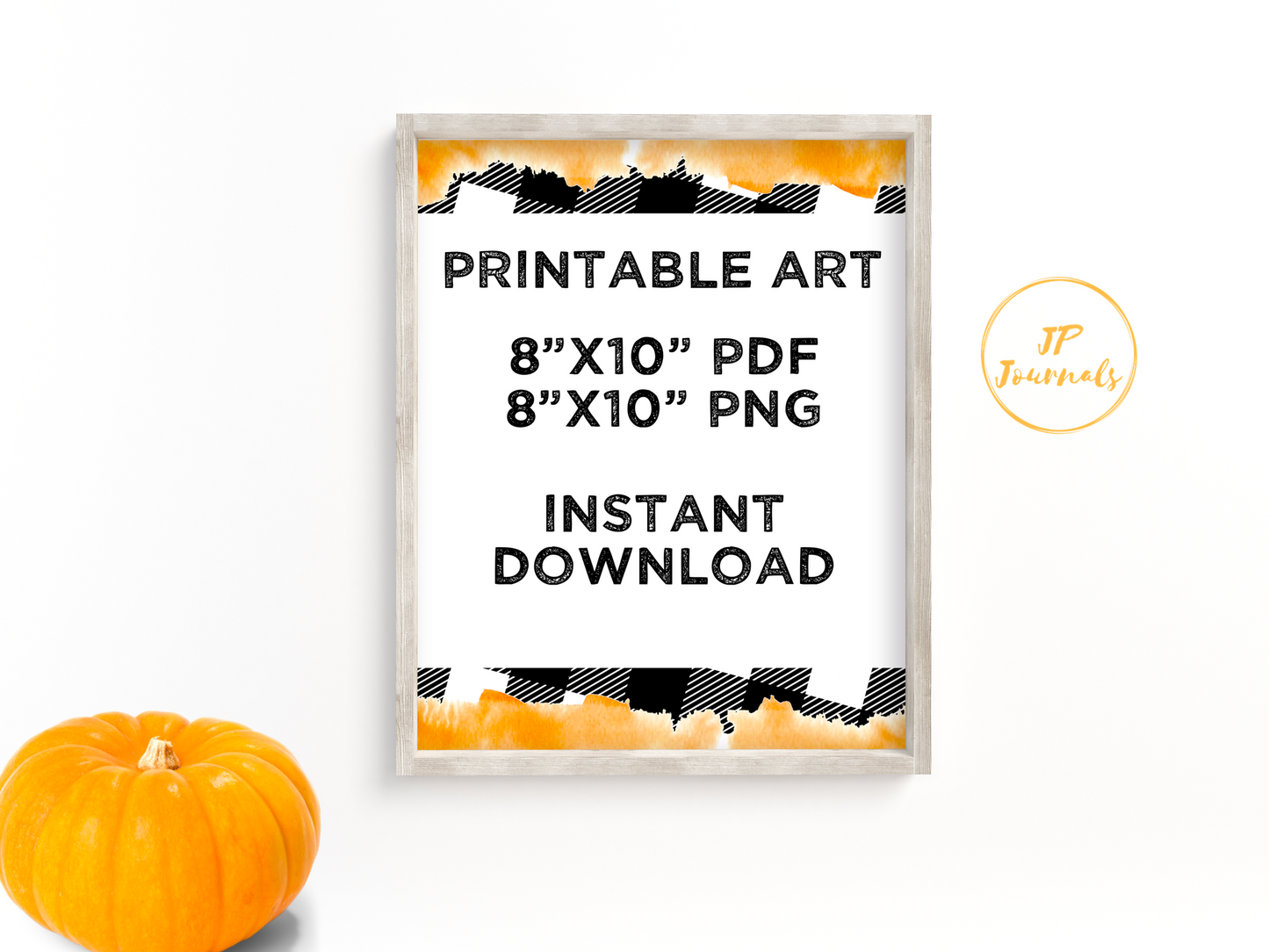 Halloween Decor - Printable Wall Art - Black Buffalo Plaid - Orange Watercolor Pumpkin - Cute Ghost Design - Printable Halloween Sign Boo
