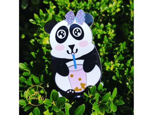 Cute Kawaii Panda Drinking Boba with Purple Glitter Bow Sticker