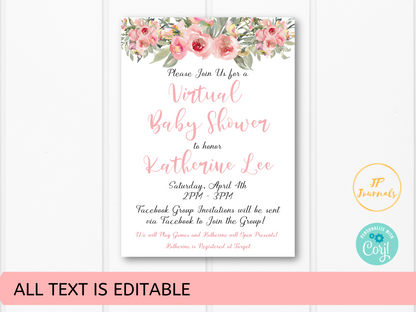 Virtual Baby Shower Invitation for Girls - Pink Floral Flowers - Digital Invite E-Vite to Email, Text or Post to Social Media