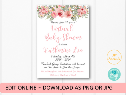 Virtual Baby Shower Invitation for Girls - Pink Floral Flowers - Digital Invite E-Vite to Email, Text or Post to Social Media