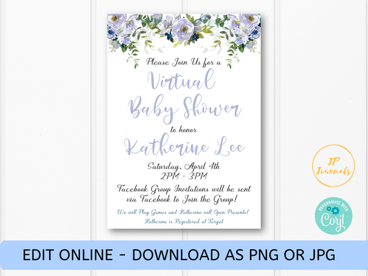 Virtual Baby Shower Invitation for Baby Boy - Blue Floral Flowers - Digital Invite E-Vite to Email, Text or Post to Social Media
