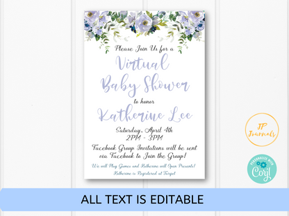Virtual Baby Shower Invitation for Baby Boy - Blue Floral Flowers - Digital Invite E-Vite to Email, Text or Post to Social Media