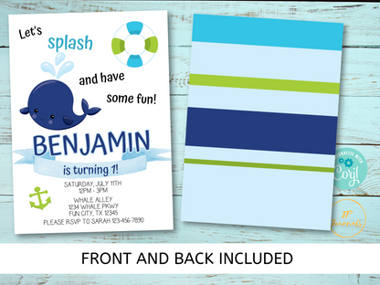 Whale First Birthday Party Invitation