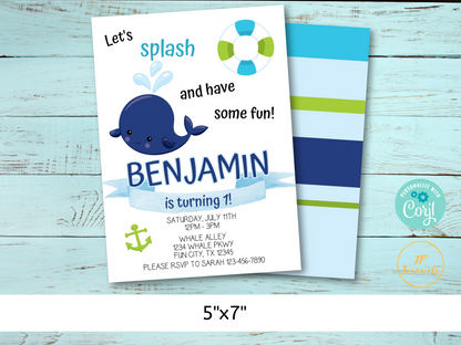 Whale First Birthday Party Invitation