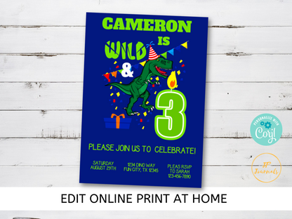 Wild and 3 T Rex Dinosaur 3rd Birthday Boy Invitation - DIY Edit Printable Invite - Download and Print!