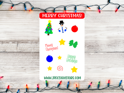 Christmas Planner Stickers, Cute Christmas Sticker Sheet, Snowman, Christmas Tree, Peppermint, Star, Ornament